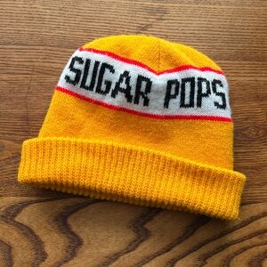 Rare Vintage Sugar Pops Cereal Retro Knit Yellow Beanie double sided